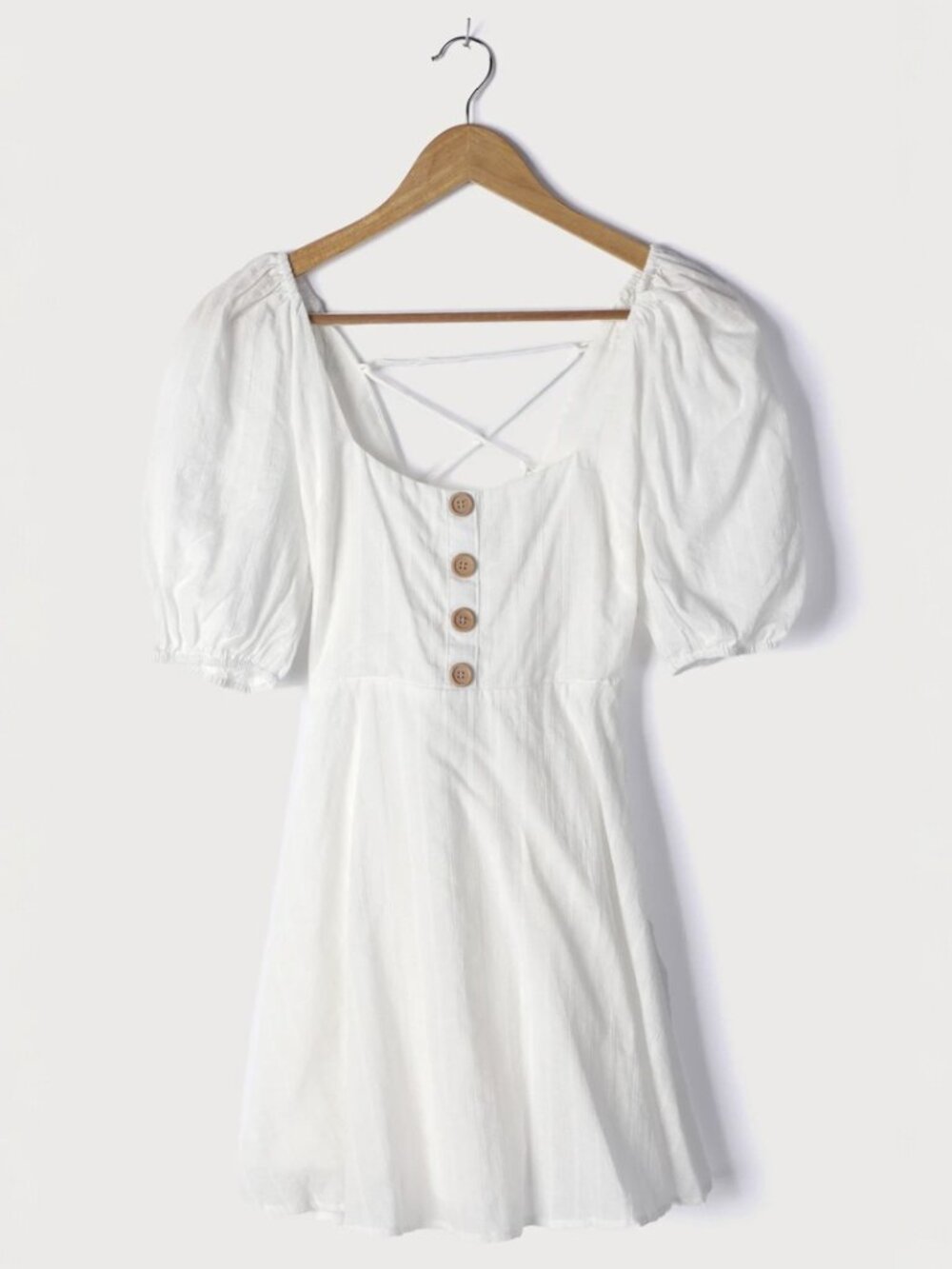 NWT Lulus Endearing Looks Ivory Puff Sleeve Lace-Up Mini Dress (size S) - Picture 5 of 8
